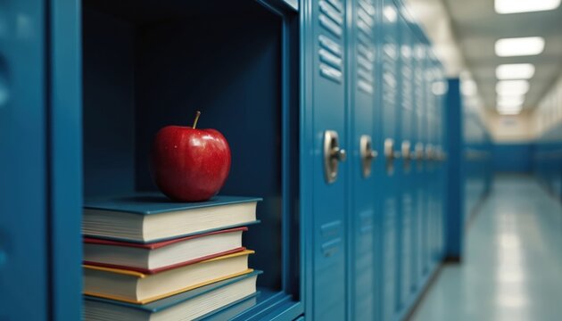 Red apple rests atop books in blue school locker. Symbol of teacher appreciation with snack, education, knowledge. Positive, motivating image for back to school. Learning, success, future potential.