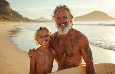 Happy father, son smile on sunny ocean beach. Senior man with beard, young boy with blonde hair stand together holding surfboard. Enjoy summer vacation at sea, embracing generational bonding