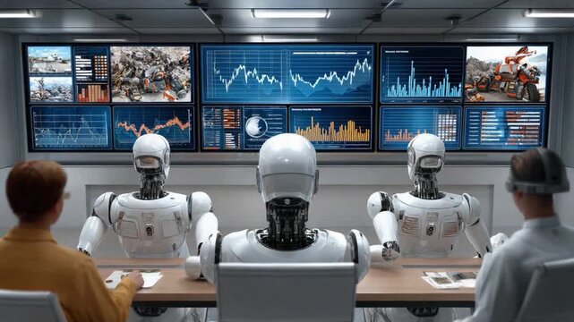 Robots and Professionals Collaborating in High-Tech: The image reveals the collaborative synergy between robots and individuals within a cutting-edge technological environment.