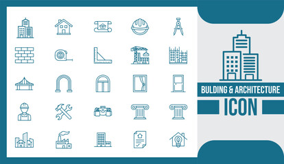  Modern Building Architecture Icon Set Featuring Urban Structure, Construction, and Cityscape Elements