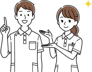 Cartoon healthcare characters, nurse uniforms, cheerful gesture, pointing at phone, smiling expression, medical staff, vector illustration, teamwork, emotion, approval