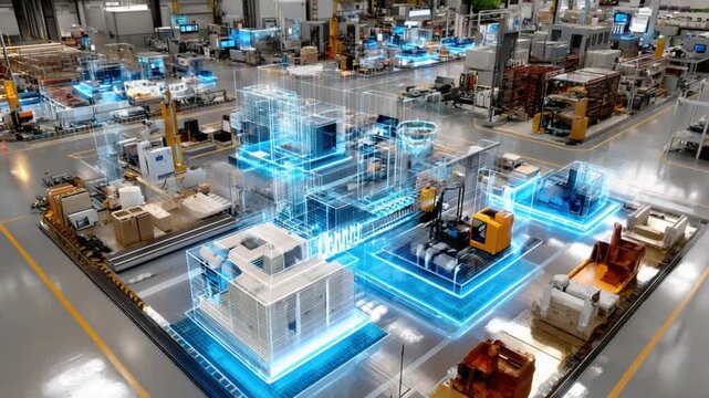 Automated Manufacturing: A futuristic, high-tech factory floor showcasing an advanced manufacturing process. Automated machinery, data visualization, and streamlined production