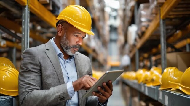 Warehouse Inspector at Work: A seasoned warehouse inspector meticulously reviews data on his tablet, surrounded by rows of protective yellow hard hats within a bustling warehouse setting.