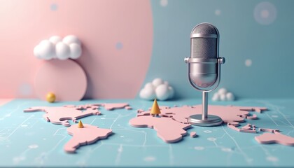 Obraz na płótnie Canvas Mic sits on map with clouds. Podcast global radio sound concept. World communication and broadcasting business on pastel background. Modern art design with microphone. Digital trendy icon. Obraz na płótnie Canvas Mic sits on map with clouds. Podcast global radio sound concept. World communication and broadcasting business on pastel background. Modern art design with microphone. Digital trendy icon.