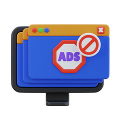 Fototapeta premium Computer Screen Displaying Multiple Pop Up Windows with an Ads Blocker Symbol and a Stop Sign Icon Indicating Restricted Content on a Transparent Background