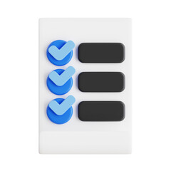 Obraz premium Checklist with three blue checkmarks on a white paper background with three blank black rectangular boxes for tasks on a transparent background