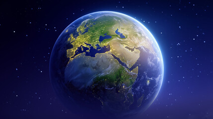 Fototapeta premium Earth: A stunning view of Earth from space, showcasing the beauty of our planet against the dark backdrop of the cosmos, emphasizing the interconnectedness of all life, the fragility of our world.