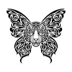 Tribal style illustration of a tiger head combined with butterfly wings, black and white artistic animal hybrid vector graphic.