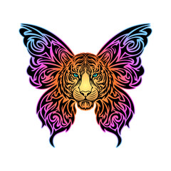 Colorful tiger head and butterfly wings hybrid vector illustration with neon tribal art and bright gradient colors on a white background.