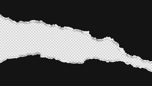 Black piece of paper with torn edges and soft shadow are on squared white background for text or ad.