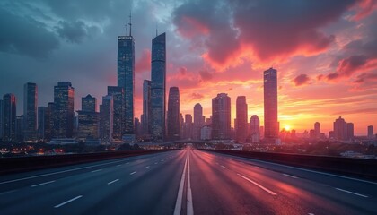 Obraz premium Modern cityscape at sunset view. Skyline with skyscrapers stretches to horizon. Road goes to downtown. Evening sun illuminates urban panorama. Business, design, architecture concept for travel