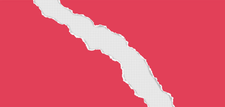 Red piece of paper with torn edges and soft shadow are on white background for text or ad.