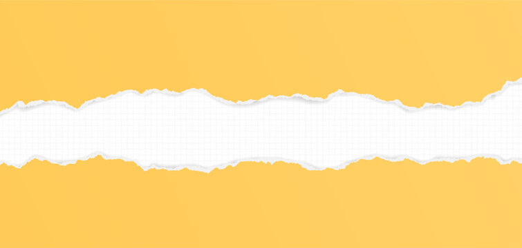 Yellow piece of paper with torn edges and soft shadow are on white background for text or ad.