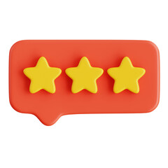 Customer review with three yellow stars on a red speech bubble background isolated on transparent background with soft shadows and highlights 3D render