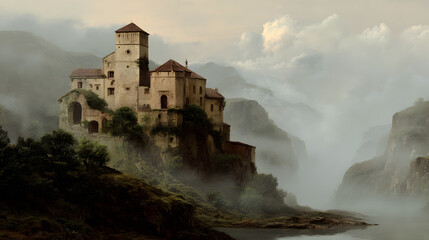 Mysterious castle perched on a cliff overlooking a misty valley