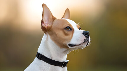 Alert canine looking off into the distance with perked ears and focused gaze, wearing a collar against a blurred background.