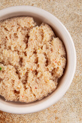 Canned crab meat seafood natural product tasty snack fresh delicious gourmet food background on the table rustic top view copy space pescetarian diet