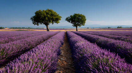 Scenic lavender field with trees under a clear blue sky in Provence, France