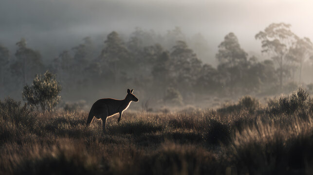Silhouette of a kangaroo in a misty Australian landscape at sunrise