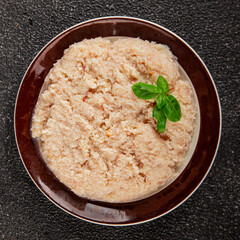 Canned crab meat seafood natural product tasty snack fresh delicious gourmet food background on the table rustic top view copy space pescetarian diet