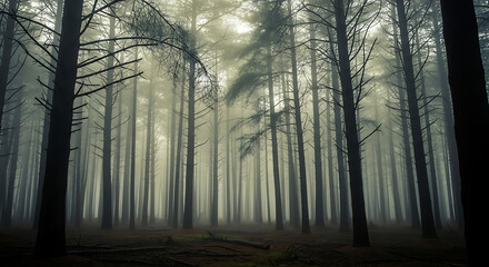 Fototapeta premium Misty Morning in a Tranquil Forest with Sunbeams Through Tall Trees