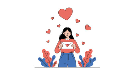 Fototapeta premium A young woman holds a love letter surrounded by hearts and foliage expressing affection and care.
