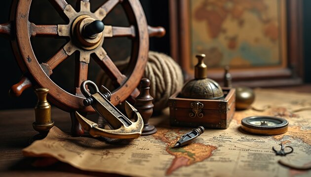 Vintage nautical still life photo. Wooden ship wheel anchor map and compass in a retro decor. Items illustrate sea travel exploration adventure and navigation history.