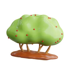 Stylized Green Bush with Red Berries on Transparent Background A Whimsical 3D Illustration Render