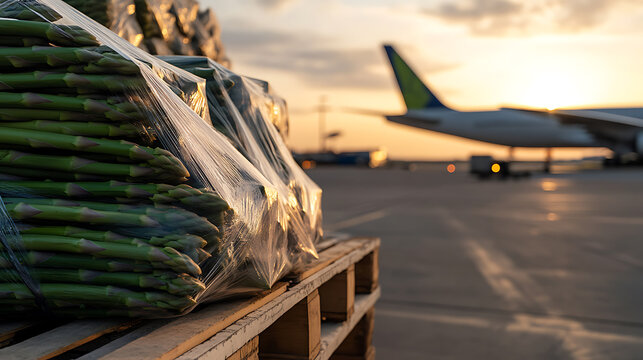 Fresh asparagus ready for air transportation. Wrapped pallets are staged on the tarmac as the sun rises, promising speed and freshness to consumers.