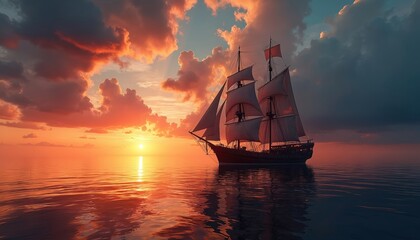 Obraz premium Grand tall ship sails peacefully on calm ocean water. Vessel moves across sea at sunset. Golden orange sun light reflects on waves, sky. Clouds glow bright with sun rays. Peaceful marine scene.