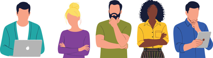 Diverse cartoon characters, professional expressions, teamwork concept, thinking pose, crossed arms, digital devices, collaboration, illustration, vector art, modern workplace