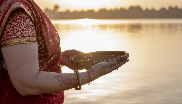 Chhath Puja Ritual: Devotee in Saree Holding a Bamboo Soop (Basket) During Golden Sunrise Over Water