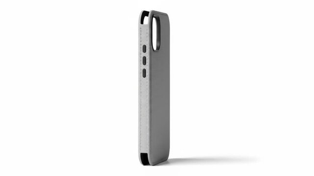 A side view of a light gray phone case, showing volume buttons and a cutout for a camera. The case is textured