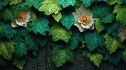 Green leaves and white flowers on rustic wood background