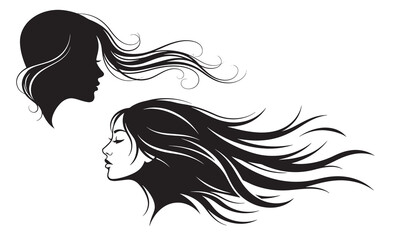 Elegant Female Silhouettes with Flowing Hair Depicting Beauty and Grace in a Minimalist Black and White Composition Suitable for Graphic Design