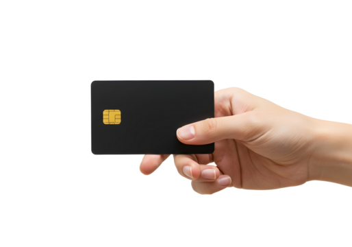 Hand holding a black credit card with a gold chip on a white background