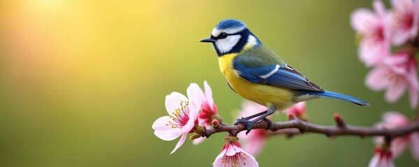 Fototapeta premium Small blue tit bird rests on cherry blossom branch during spring time. Bird watches out with sharp eye near pink petals with yellow pollen. Soft sun light falls on feathered animal.