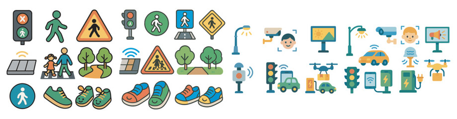 Plakat Traffic and pedestrian flat icons set – filled, isometric, road safety symbols