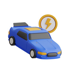 Blue Electric Car with Yellow Lightning Bolt Symbol on Transparent Background Representing Clean Energy Transportation