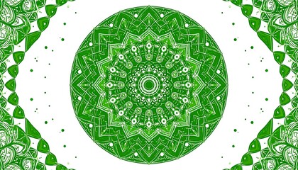 A symmetrical, circular green design with ornate details, reminiscent of a kaleidoscope. Delicate patterns radiate from the center, framed by a white backdrop