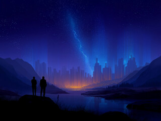 City Lights and Stargazers: Silhouette figures watch the stunning cityscape under the mesmerizing glow of the celestial expanse, celebrating the quiet contemplation of life and universe.