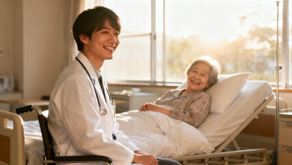 Obraz premium 談笑する入院中の老人と医師