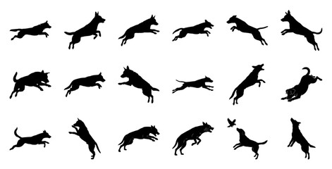Dog silhouettes in motion jumping running