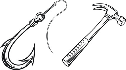Black and white vector illustration of a fishing hook and hammer tool. Detailed hand-drawn sketch style design with clean outlines. Perfect for craft, fishing, and construction concept art. © Sk