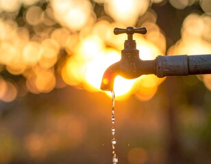 Water dripping from faucet at sunset