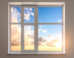 White window overlooking a sunset sky