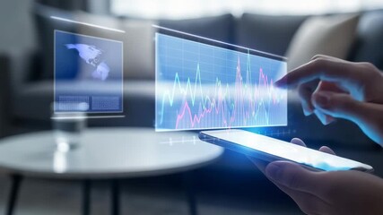 Person using a smartphone with holographic data visualization for business and finance analysis - Powered by Adobe