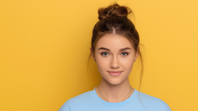 Teen girl portrait on yellow background modern youth style confident look for education