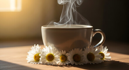 Steaming Cup of Chamomile Tea Surrounded by Fresh Flowers on Wooden Surface – Cozy Still Life Representing Relaxation, Herbal Comfort, and Natural Serenity