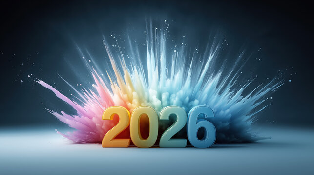 2026 numbers exploding from colorful powder splash dynamic new year celebration visual for